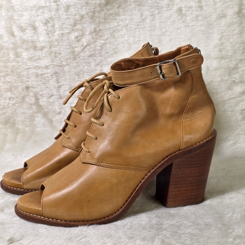 Loeffler Randall Peep Toe Lace Up Ankle Booties Heels Tan Leather Womens 9.5